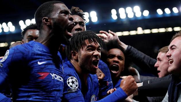 Chelsea's Reece James celebrates scoring their fourth goal with Fikayo Tomori, Willian and teammates. (REUTERS) Chelsea's Reece James celebrates scoring their fourth goal with Fikayo Tomori, Willian and teammates. (REUTERS)