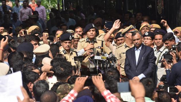 Commissioner of Delhi Police Amulya Patnaik addresses the media. “We have to behave like a disciplined force. The government and the people expect us to uphold the law, it is our big responsibility. I urge you to resume duty,” he told the protesting police personnel, some of whom were in their uniforms sans their nameplates. “The last few days have been testing for us. A judicial inquiry is underway and I request you to have faith in the process.” (Sanchit Khanna / HT Photo)