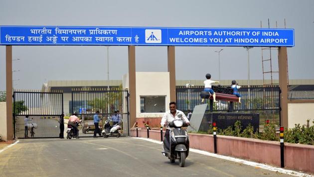 The entrance to the civil terminal near Hindon Air Base near Sikandarpur in Ghaziabad. (HT File) The entrance to the civil terminal near Hindon Air Base near Sikandarpur in Ghaziabad. (HT File)
