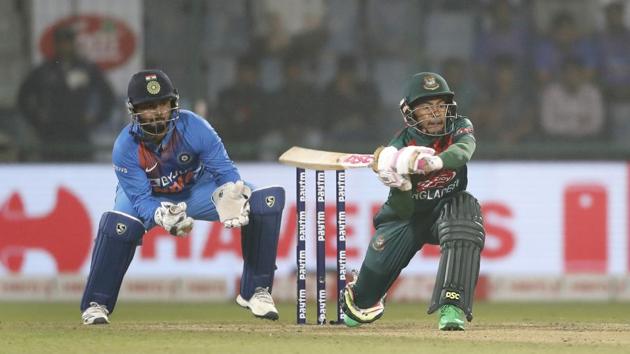 Mustafiqur Rahim plays a shot against India during the first T20 match at the Arun Jaitley stadium.(AP)