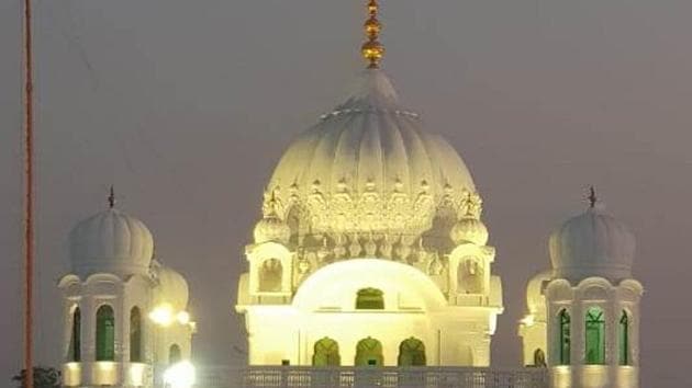 A view of the illuminated Gurudwara Darbar Sahib, at Kartarpur, in Punjab, Pakistan, on October 30, 2019. (HT Photo)