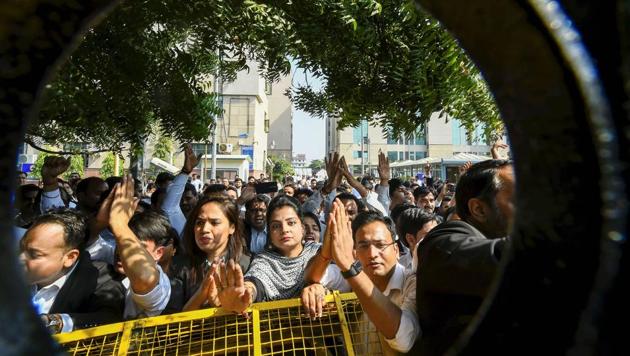 Lawyers stage a protest against the police over the recent Tis Hazari Court clashes, at Saket Court Complex in New Delhi, Wednesday, Nov. 6, 2019. (PTI file photo) Lawyers stage a protest against the police over the recent Tis Hazari Court clashes, at Saket Court Complex in New Delhi, Wednesday, Nov. 6, 2019. (PTI file photo)