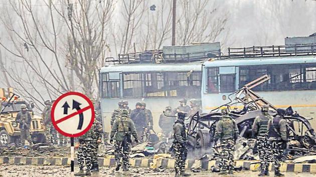 File photo of the February 14 suicide attack at Lathepora Awantipora in Pulwama district.(PTI)