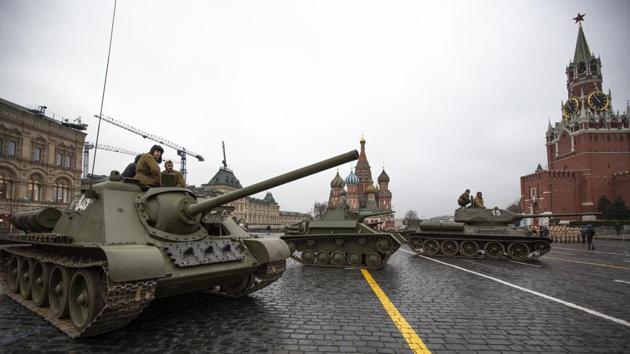 World War II-era Soviet tanks take part in the rehearsal, with St. Basil Cathedral in the background. The Nazis closed in on Moscow in early October 1941 after quickly seizing huge chunks of Soviet territory and inflicting huge losses to the Red Army after invading the Soviet Union on June 22, 1941. In some sectors at the front, Nazi troops came as close as 30 kilometers (20 miles) to the Russian capital. (Alexander Zemlianichenko / AP)