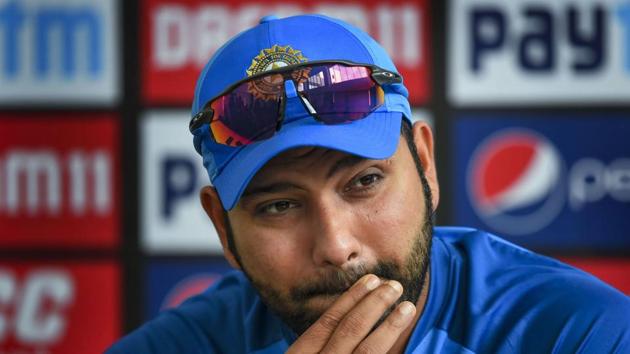 India's stand-in captain Rohit Sharma addresses the media.(PTI)