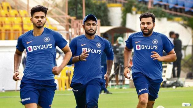 India captain Rohit Sharma (R) with teammates Shreyas Iyer (L) and Sanju Samson during a practice session ahead of the second T20 match against Bangladesh in Rajkot. The hosts lost the first game of the three-match series by seven wickets.(PTI)