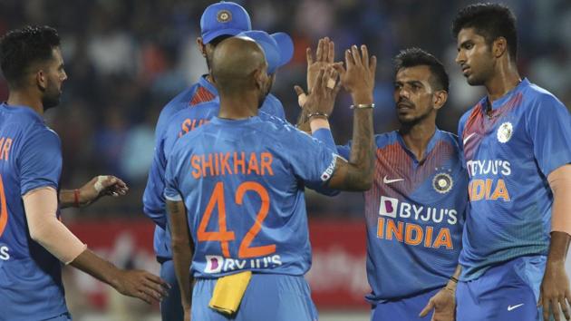 Indian players celebrate the wicket of Bangladesh's Mohammad Naim. (AP)