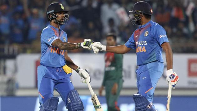 India's Shikhar Dhawan greets captain Rohit Sharma. (AP)