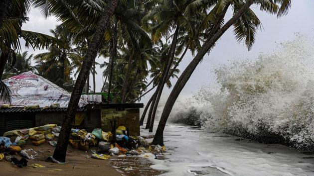Sea waves crash close to a habitation in Chellanam area of Kochi on October 31, 2019. Severe cyclonic storm ‘Maha’ may not hit the Gujarat coast and is likely to fizzle out into the Arabian sea as a ‘depression’ by Thursday evening. (PTI File Photo) Sea waves crash close to a habitation in Chellanam area of Kochi on October 31, 2019. Severe cyclonic storm ‘Maha’ may not hit the Gujarat coast and is likely to fizzle out into the Arabian sea as a ‘depression’ by Thursday evening. (PTI File Photo)