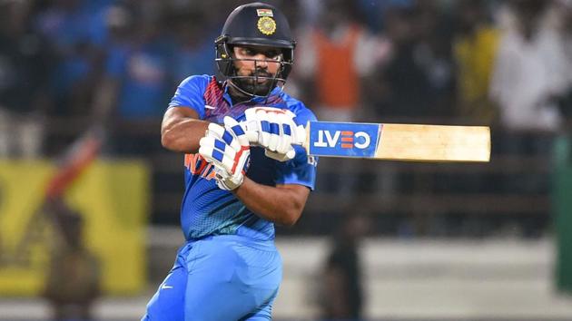 Rajkot: India's stand-in captain Rohit Sharma plays a shot.(PTI)