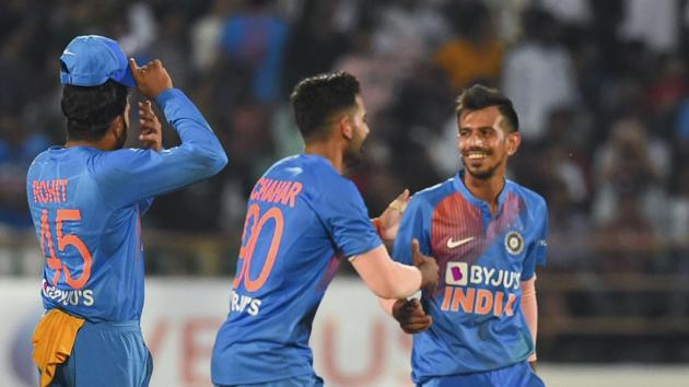 Indian player Y Chahal celebrate the wicket of Bangladeshi player Mushfiqur Rahim with his teammates during the second T20 cricket match at Saurashtra Cricket Association Stadium in Rajkot. (PTI) Indian player Y Chahal celebrate the wicket of Bangladeshi player Mushfiqur Rahim with his teammates during the second T20 cricket match at Saurashtra Cricket Association Stadium in Rajkot. (PTI)