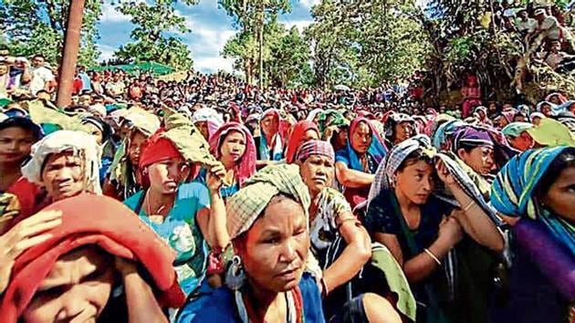 Bru refugees protest at Kanchanpur in North Tripura district on Thursday. (HT Photo) Bru refugees protest at Kanchanpur in North Tripura district on Thursday. (HT Photo)