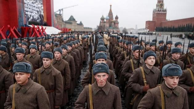 Dressed in historical uniforms, members of Russian Armed forces take part in the rehearsal for 78th anniversary of Bolshevik Revolution parade, at the Red Square, in Moscow, Russia. (Maxim Shemetov / REUTERS)