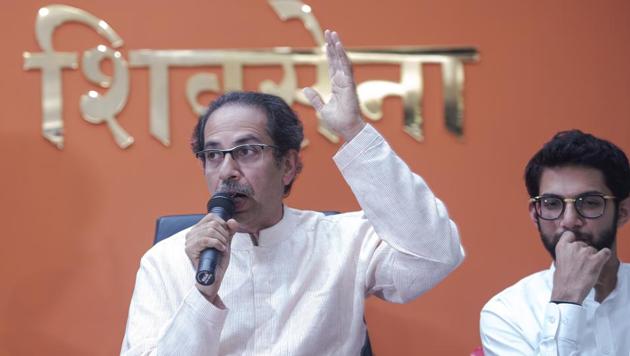 Shiv sena chief Uddhav Thackeray and Aaditya Thackeray during press meet at Sena Bhavan, Dadar in Mumbai on Friday, November 8, 2019. (Satish Bate/HT Photo) Shiv sena chief Uddhav Thackeray and Aaditya Thackeray during press meet at Sena Bhavan, Dadar in Mumbai on Friday, November 8, 2019. (Satish Bate/HT Photo)
