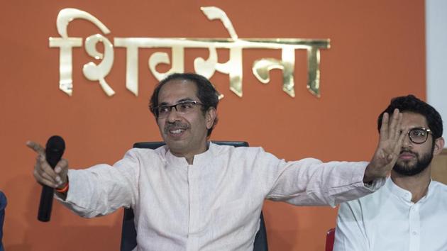 Shiv Sena chief Uddhav Thackeray and Aaditya Thackeray during press meet at Sena Bhavan, Dadar in Mumbai on Friday, November 8, 2019. (Satish Bate/HT Photo) Shiv Sena chief Uddhav Thackeray and Aaditya Thackeray during press meet at Sena Bhavan, Dadar in Mumbai on Friday, November 8, 2019. (Satish Bate/HT Photo)