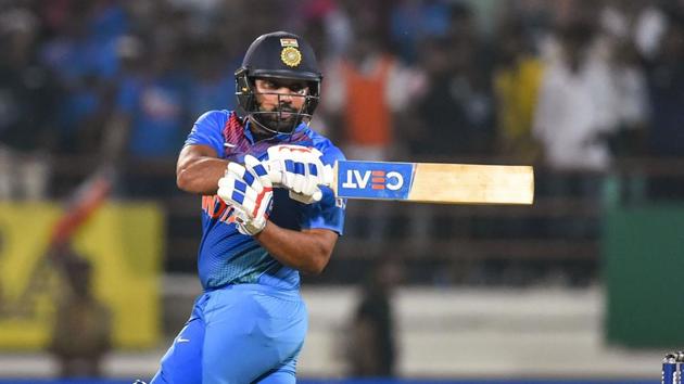 India's stand-in captain Rohit Sharma plays a shot during the second T20 cricket match against Bangladesh at Saurashtra Cricket Association Stadium in Rajkot, Thursday, Nov. 7, 2019.(PTI)