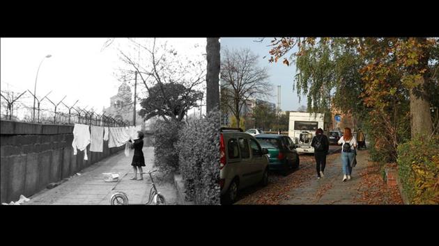 This digital composite image shows Leuschnerdamm street in Berlin in 1963 and on October 23, 2019. Steinmeier pointed out, however, that the historic event did not mark the “end of history” as U.S. historian Francis Fukuyama stated. The struggle of political systems had continued and the future was more uncertain than ever before, he added. (Express Newspapers / Sean Gallup/Getty Images)
