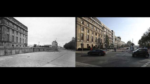 Scheidemannstrasse near the Brandenburg Gate in Berlin in 1966 and on October 23, 2019. “Liberal democracy is being challenged and questioned,” Steinmeier said. That’s why Germany and its European allies had to fight every day for a peaceful and united Europe with each country having to do its part to overcome differences, he added. (John Waterman/Fox Photos/ Sean Gallup/Getty Images)