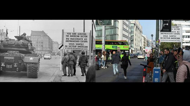 Checkpoint Charlie in Berlin in February, 1961 and on October 23, 2019. The festivities in Berlin were due to culminate with a party at the Brandenburg Gate in the evening featuring the Staatskapelle Berlin orchestra directed by Daniel Barenboim and electronic music with techno DJ legend WestBam. (Express Newspapers / Sean Gallup/Getty Images)