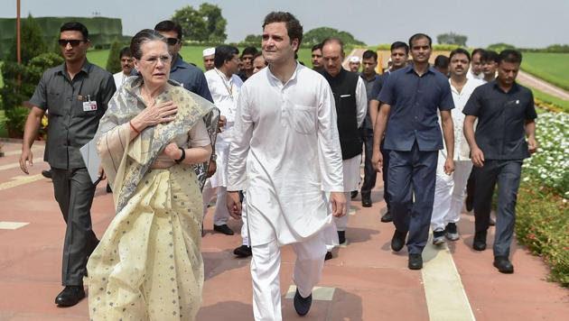 In this October 2, 2019 photo, Congress President Sonia Gandhi with party leader Rahul Gandhi accompanied by SPG leave after paying tribute to Mahatma Gandhi on the 150th birth anniversary at Rajghat in New Delhi.(File photo: PTI)