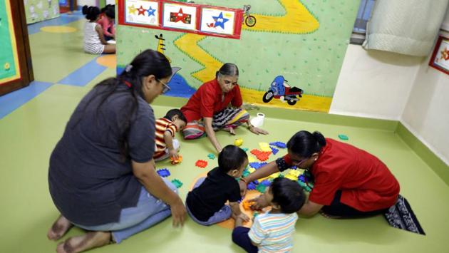 Children at a day care centre in the city. The centres themselves are keen on the government formulating a policy.(Rahul Raut/HT PHOTO)