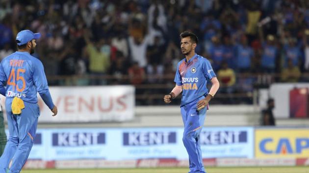 Yuzvendra Chahal reacts after taking wicket of Bangladesh's Mushfiqur Rahim during second Twenty20 international in Rajkot.(AP)