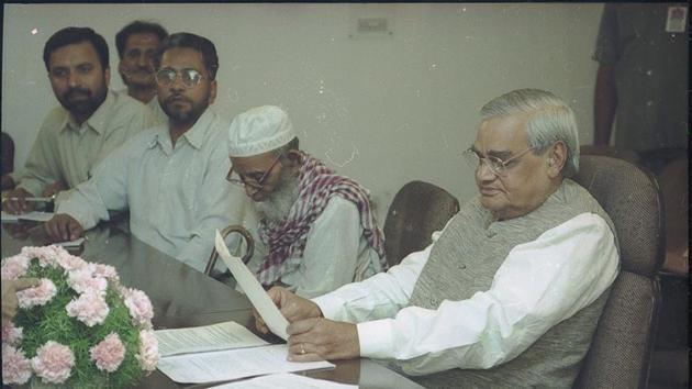 Then Prime minister AB Vajpayee meets with Babri Masjid Action Committee, on 15 May, 2000. After the Lucknow bench of the Allahabad High Court began hearings to determine who owns the Ayodhya site, Prime Minister AB Vajpayee set up an Ayodhya cell to hold talks with Hindu and Muslim leaders. After a series of events following the Allahabad High Court verdict of a three-way division of the disputed land and its subsequent failure, the top court called for an amicable settlement. (Pradeep Bhatia / HT Archive)
