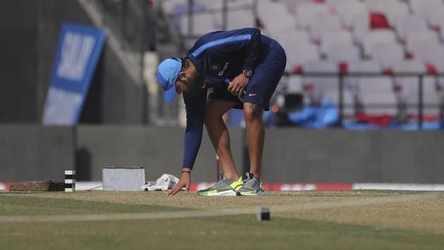 Indian captain Rohit Sharma inspects the pitch(AP) Indian captain Rohit Sharma inspects the pitch(AP)