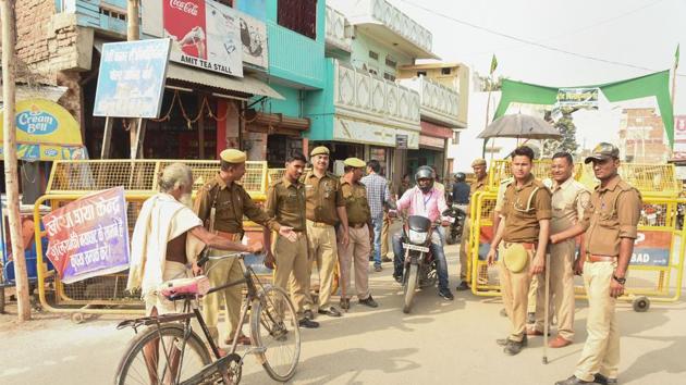 Ayodhya: Police personnel conduct searches near the site of disputed Ram Janambhoomi-Babri Masjid site, as the verdict date nears, in Ayodhya, Friday, Nov. 8, 2019. (PTI Photo/ Nand Kumar) (PTI11_8_2019_000081B)(PTI) Ayodhya: Police personnel conduct searches near the site of disputed Ram Janambhoomi-Babri Masjid site, as the verdict date nears, in Ayodhya, Friday, Nov. 8, 2019. (PTI Photo/ Nand Kumar) (PTI11_8_2019_000081B)(PTI)