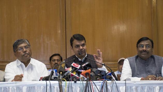 Caretaker chief minister (CM) Devendra Fadnavis seen during press conference after giving resignation to governor at Sahyadri house in Mumbai. With the BJP and Shiv Sena yet to break the impasse on the government formation in Maharashtra, the Congress and Nationalist Congress Party (NCP) too were involved in internal party meetings on Saturday to work out permutations and combinations to form the next government. (Pratik Chorge / HT Photo) Caretaker chief minister (CM) Devendra Fadnavis seen during press conference after giving resignation to governor at Sahyadri house in Mumbai. With the BJP and Shiv Sena yet to break the impasse on the government formation in Maharashtra, the Congress and Nationalist Congress Party (NCP) too were involved in internal party meetings on Saturday to work out permutations and combinations to form the next government. (Pratik Chorge / HT Photo)