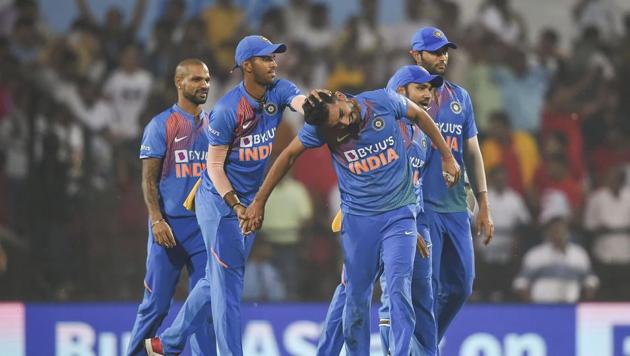 Deepak Chahar celebrates the dismissal of Bangladeshi Aminul Islam during the third T20 match in Nagpur.(PTI)