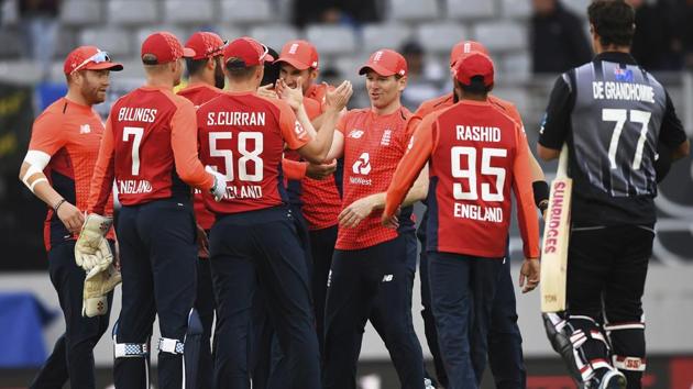England players celebrate after winning the super over and the match against New Zealand during their T20 cricket match at Eden Park, Auckland, New Zealand, Sunday, Nov. 10, 2019.(AP)