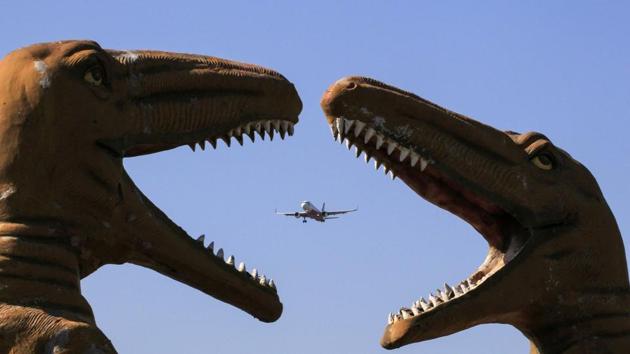 An aircraft flies past sculptures of dinosaurs at the 'Valley of Animals' park in Chandigarh. (Vijay Mathur / AFP) An aircraft flies past sculptures of dinosaurs at the 'Valley of Animals' park in Chandigarh. (Vijay Mathur / AFP)