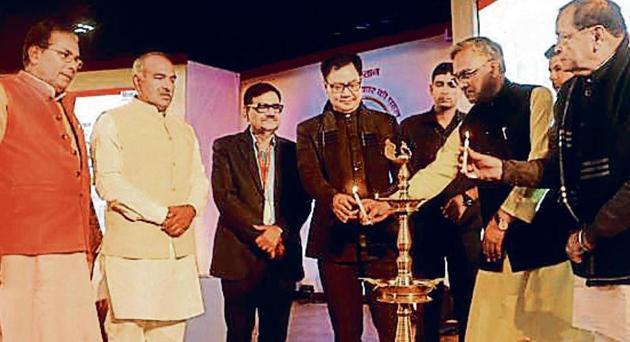 Union minister Kiren Rijiju (centre) and CM Trivendra Rawat (second from right) inaugurate the conference. (HT Photo) Union minister Kiren Rijiju (centre) and CM Trivendra Rawat (second from right) inaugurate the conference. (HT Photo)