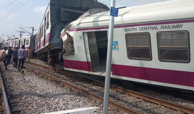 The MMTS train engine got mangled in the accident while its three coaches got derailed and tilted towards the left .(HT Photo) The MMTS train engine got mangled in the accident while its three coaches got derailed and tilted towards the left .(HT Photo)