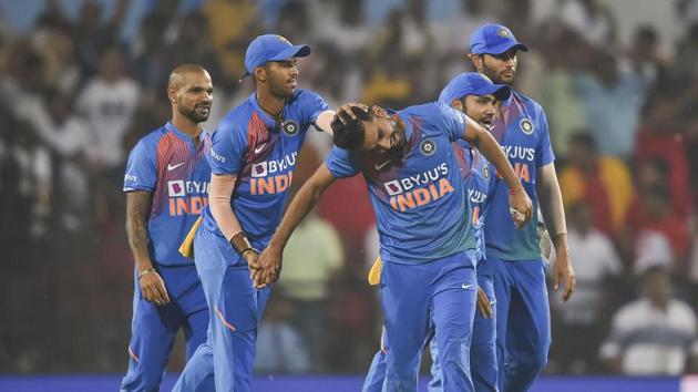 Indian player Deepak Chahar celebrates the dismissal of Bangladeshi Aminul Islam.(PTI) Indian player Deepak Chahar celebrates the dismissal of Bangladeshi Aminul Islam.(PTI)