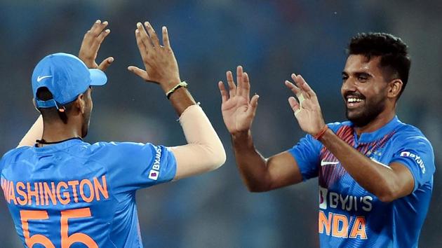 Nagpur: India Deepak Chahar celebrates with teammate Washington Sundar after dismissing Soumya Sarkar. (PTI) Nagpur: India Deepak Chahar celebrates with teammate Washington Sundar after dismissing Soumya Sarkar. (PTI)