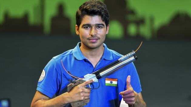 Indian shooter Saurabh Chaudhary celebrates after winning the final round.(PTI) Indian shooter Saurabh Chaudhary celebrates after winning the final round.(PTI)