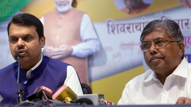 Maharastra’s caretaker Chief Minister Devendra Fadnavis with Chandrakant Patil, BJP State President at a press conference at BJP Head office in Mumbai on Saturday, November 9, 2019. (ANI Photo) Maharastra’s caretaker Chief Minister Devendra Fadnavis with Chandrakant Patil, BJP State President at a press conference at BJP Head office in Mumbai on Saturday, November 9, 2019. (ANI Photo)