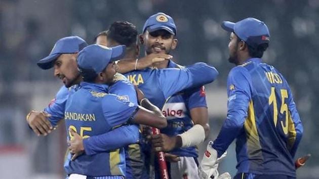 Sri Lankan players celebrate their victory against Pakistan in the second Twenty20 match in Lahore. (AP) Sri Lankan players celebrate their victory against Pakistan in the second Twenty20 match in Lahore. (AP)