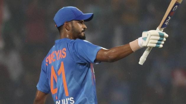 India's Shreyas Iyer raises his bat after scoring fifty. (AP) India's Shreyas Iyer raises his bat after scoring fifty. (AP)