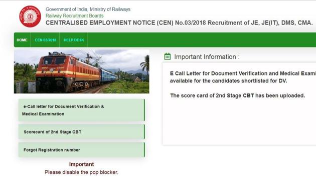 The Railway Recruitment Board (RRB) on Tuesday released the hall ticket/ admit card for document verification and medical examination for junior engineer posts (JE, JE/IT, DMS and CMA )(RRB website)