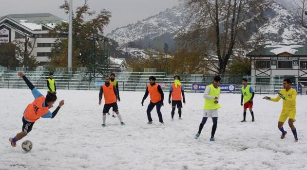 Real Kashmir Football Club players during a practise session ahead of I-League match.(PTI)