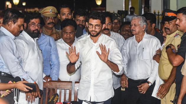 Shiv Sena leaders Aaditya Thackeray and Eknath Shinde along with party leaders at a press conference following their meeting with Maharashtra governor BS Koshyari in Mumbai on Monday. (PTI Photo) Shiv Sena leaders Aaditya Thackeray and Eknath Shinde along with party leaders at a press conference following their meeting with Maharashtra governor BS Koshyari in Mumbai on Monday. (PTI Photo)