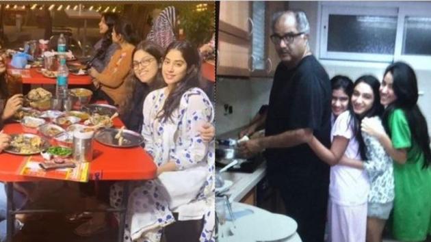 Janhvi Kapoor dining in Punjab (left) and with father Boney Kapoor in a throwback picture (right).