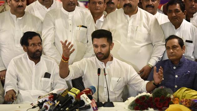 The Lok Janshakti Party (LJP) president Chirag Paswan on Tuesday announced that his party will contest 50 seats in the Jharkhand assembly elections.(Biplov Bhuyan/HT PHOTO)