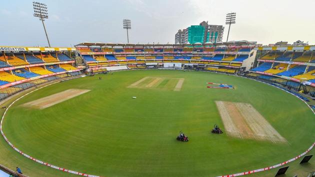 A view of the Holkar Cricket Stadium on the eve of the 1st test match between India and Bangladesh.(PTI) A view of the Holkar Cricket Stadium on the eve of the 1st test match between India and Bangladesh.(PTI)