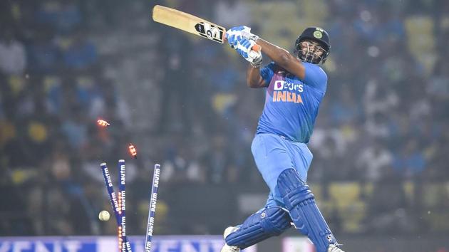 Rishabh Pant gets bowled out during the third T20I.(PTI)