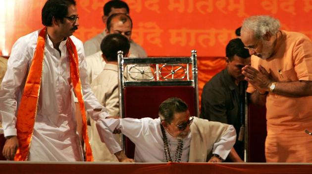 Prime Minister Narendra Modi, Bal Thackeray and Shiv Sena president Uddhav Thackeray are seen at Shivaji Park on January 28, 2007. For 35 years, the Shiv Sena and the BJP have been allies. They had BJP joined hands for the first time in 1984. On Tuesday, Bharatiya Janata Party (BJP), blamed Shiv Sena for imposition of President’s Rule in the state after a fortnight-long political impasse. (Vijayanand Gupta / HT Archive) Prime Minister Narendra Modi, Bal Thackeray and Shiv Sena president Uddhav Thackeray are seen at Shivaji Park on January 28, 2007. For 35 years, the Shiv Sena and the BJP have been allies. They had BJP joined hands for the first time in 1984. On Tuesday, Bharatiya Janata Party (BJP), blamed Shiv Sena for imposition of President’s Rule in the state after a fortnight-long political impasse. (Vijayanand Gupta / HT Archive)