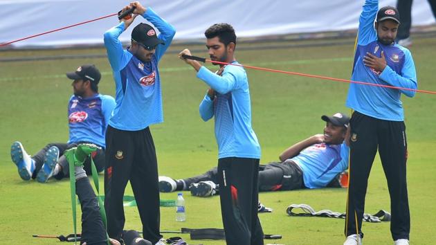 Bangladesh cricketers (L-R standing) Mohammad Mithun, Saif Hassan and Abu Jayed during a practice session.(PTI) Bangladesh cricketers (L-R standing) Mohammad Mithun, Saif Hassan and Abu Jayed during a practice session.(PTI)